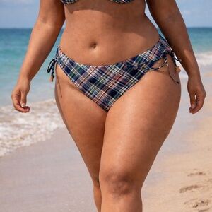 Sperry Estilo blue coral plaid cinch tie bikini bottom size Large